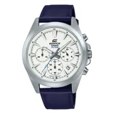 Reloj Edifice Casio con caja plateada, dial blanco con sub-diales y correa de cuero azul.