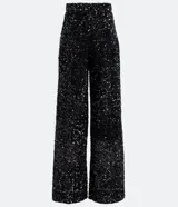 Pantalón largo de lentejuelas negras con forro, corte palazzo y cintura alta.