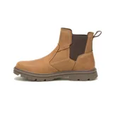 Bota de cuero color marrón con elástico lateral, forro de malla de nailon suave y transpirable, plantilla de espuma acolchada y suela de goma duradera para tracción.