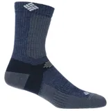 Calcetines de senderismo unisex Columbia Hike Crew Light, color gris y azul. Confeccionados con tecnología Omni-Wick para la absorción de la humedad, fibras drirelease® que alejan la humedad de la piel y tecnología Polygiene® Odor Crunch para eliminar olores. Cuentan con tecnología Adaptiv™ Lycra® de confort suave en el puño, sujeción reforzada en el talón (Heel Power™), amortiguación frontal en la pierna, ventilación de malla, soporte para el arco del pie y construcción con talón en Y.