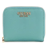 Billetera Guess Laurel color verde agua, con cierre de cremallera y logo dorado en el frente.
