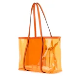 Bolso tote transparente de PVC color naranja con detalles en cuero sintético color naranja. Incluye un monedero interno desmontable con cierre.