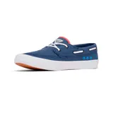 Zapato náutico Columbia Slack Tide Boat PFG de lona azul con cordones blancos, suela blanca y detalles en rojo en el talón.