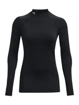 Remera deportiva blanca de manga larga con cuello alto y logo de Under Armour en el cuello.