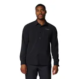 Camisa negra de manga larga para hombre, marca Columbia, modelo Summit Valley. Confeccionada en tejido transpirable de secado rápido con protección solar UPF 50 y tecnología Omni-Wick. Cuenta con ventilación en la espalda, bolsillo con cremallera en el pecho y mangas enrollables.