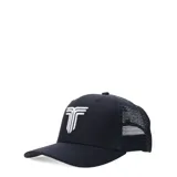 Gorro de béisbol azul marino con visera curva y paneles traseros de malla. Presenta un logo bordado en el frente.