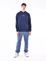 Buzo hoodie gris con bolsillo canguro y capucha con cordones ajustables. Diseño holgado con puños y cintura acanalados.