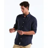 Camisa azul marino de lino con cuello abotonado, manga larga y bolsillo en el pecho.
