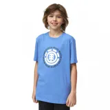 Remera azul de algodón sustentable, con estampado gráfico en el frente y corte clásico.
