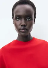 Remera de punto fino color rojo, sin mangas y con cuello redondo.