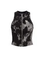 Top estilo nadador con cierre frontal, color gris con efecto tie-dye y logo bordado en el pecho.