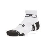 Medias deportivas Under Armour unisex, de corte tobillero, color blanco con detalles en negro y logo de la marca. Diseñadas para mantener los pies frescos y ofrecer soporte en el arco del pie.