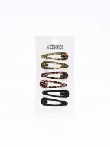 Pack de seis hebillas para el pelo tipo sapitos, con diseños variados: dos plateadas con textura, dos negras lisas y dos con estampado animal print en blanco y negro.