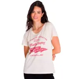 Remera color crema de corte clásico con cuello redondo y mangas cortas. Estampado frontal conmemorativo del centenario de Caterpillar con logo y texto en color rojo.