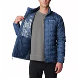 Campera Columbia azul con diseño acolchado, cierre frontal completo, cuello alto y logo de la marca bordado en el pecho.