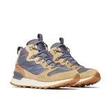 Bota de media caña Merrell Alpine 83 Recraft, color beige con detalles en azul y gris. Fabricada con cuero de gamuza y tejido 100% reciclado, con suela de goma y entresuela de espuma EVA.