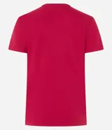 Remera baby look roja de algodón con estampa frontal con la frase "Chill Vibes California Season Sporty" en color blanco.