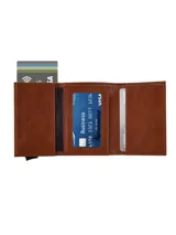 Billetera marrón de cuero con ranura trasera con cremallera y banda magnética. Cuenta con mecanismo de acceso rápido a tarjetas, capacidad para 1-10 tarjetas con o sin relieve y tecnología de bloqueo Rifd.