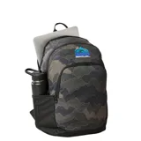 Mochila Rip Curl modelo Ozone de 30 litros, color verde militar y negro, con estampado abstracto de montañas. Presenta un compartimento principal amplio, bolsillo frontal con cierre y logo de Rip Curl con diseño de montaña y sol.