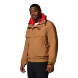 Campera Columbia Powderkeg II color marrón con interior rojo. Cuenta con tecnología Omni-Tech™ impermeable y transpirable, sistema de intercambio con cremallera, forro reversible con aislamiento sintético, cierre frontal con solapa, cremallera frontal de doble sentido, bolsillos interiores y exteriores con cremallera, y puños ajustables.
