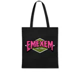 Bolso tipo tote bag de tela negra con asas negras. Estampado frontal con el logo de la marca EMEXEM en colores rosa fuerte, verde lima y blanco.