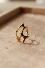 Anillo abierto dorado de acero quirúrgico hipoalergénico, ajustable entre 16 mm y 19 mm.