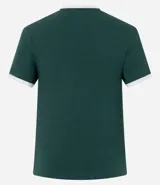 Remera de algodón color verde oscuro con cuello redondo y mangas cortas. Presenta un estampado frontal en blanco con la palabra "ROMA" y detalles gráficos, así como ribetes blancos en el cuello y las mangas.