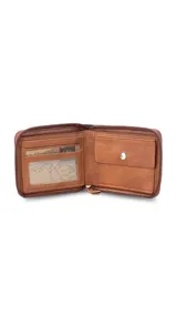 Billetera negra de símil cuero con cierre perimetral, bolsillo interior para monedas, tarjetero interior, división para billetes y bolsillo con cierre.