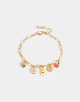 Pulsera dorada con cadena de eslabones y dijes esmaltados con forma de corazón, dona, taxi, pretzel y manzana.