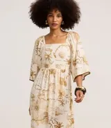 Vestido midi evasê de viscolino con estampa de mapa, escote cuadrado, mangas amplias con lunares, lastex en la espalda y recorte fruncido en la cintura.