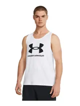 Musculosa deportiva Under Armour negra con logo blanco estampado en el pecho. Tejido ligero, suave y de secado rápido.