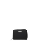 Billetera negra rectangular con cierre de cremallera y logo metálico de la marca N+ en el frente.