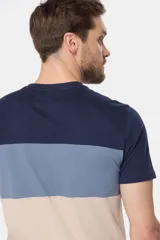 Remera de manga corta con diseño a bloques de color: azul marino en la parte superior, rosa viejo en el medio y gris claro en la parte inferior. Estampa con texto "Legacy Established Brand" en el pecho.
