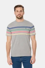 Remera de manga corta color gris jaspeado con cuello redondo y un patrón de rayas horizontales anchas en tonos pastel (azul, verde menta, rosado y amarillo). Presenta un pequeño logo bordado en el pecho.