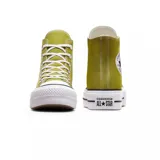Zapatillas Converse Chuck Taylor All Star Hi color verde oliva, con plataforma blanca y cordones blancos.