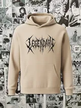 Canguro color beige con capucha y bolsillo tipo canguro. Estampado frontal con la palabra "Legendary" en tipografía gótica.