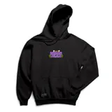 Canguro negro con capucha y bolsillo delantero, con estampado de un monstruo con graffitis en colores verde, violeta y blanco.