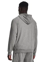 Buzo gris de Under Armour, línea Rival Fleece, con capucha y logo estampado en el frente.