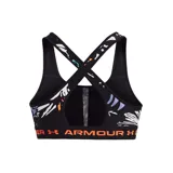 Top deportivo Under Armour con estampado abstracto en tonos verde militar y negro, breteles finos blancos y banda elástica con logo de la marca.