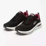 Championes deportivos Skechers Skech-Air Meta, color negro con detalles en fucsia y suela blanca. Capellada de malla transpirable, plantilla Air-Cooled Memory Foam y entresuela con cámara de aire Skech-Air visible.
