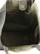 Bolso tipo tote bag de cuero sintético color verde oliva con detalles en lila.