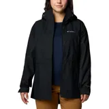 Campera impermeable Columbia Hikebound II Long para mujer, color negro, con capucha ajustable, cierre frontal con solapa, cintura ajustable con cordón, puños ajustables, bolsillo oculto en el pecho y bolsillos con cremallera para las manos. Ideal para senderismo.
