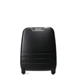 Valija rígida color azul marino con ruedas y asa retráctil.