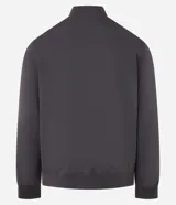 Campera bomber de poliéster color gris oscuro, con cuello alto, cierre frontal con cremallera, bolsillos laterales, mangas largas con puños ajustados y bajo con ajuste elástico.
