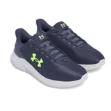 Championes de running Under Armour Phade RN 3, color azul marino con logo verde flúor y suela blanca.