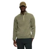 Buzo polar verde oliva con cuello alto abotonado y logo bordado en el pecho.