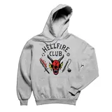 Canguro blanco con capucha y bolsillo frontal, con estampado del logo del Hellfire Club en el pecho.