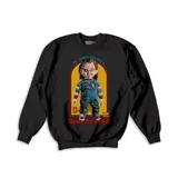Buzo negro con estampado de Chucky, el muñeco diabólico, con la frase 'He wants you for a Best Friend'.
