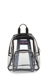 Mochila mini transparente con detalles en negro y logo de Jansport en el frente. Incluye asa de mano y correas ajustables para los hombros.
