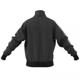 Campera deportiva Adidas Firebird negra con cierre frontal, cuello alto, logo bordado en el pecho y tres rayas blancas en las mangas.